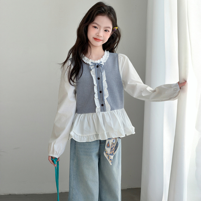 女童春秋假两件木耳边衬衫娃娃衫