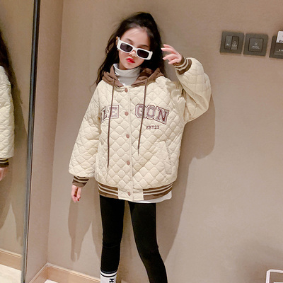 女童外套秋冬装夹棉连帽棒球服