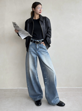 12平方87221蓝色重工水洗弯刀牛仔裤女高腰无弹氛围感显瘦拖地裤