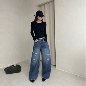 12平方弯刀破洞宽松牛仔裤女