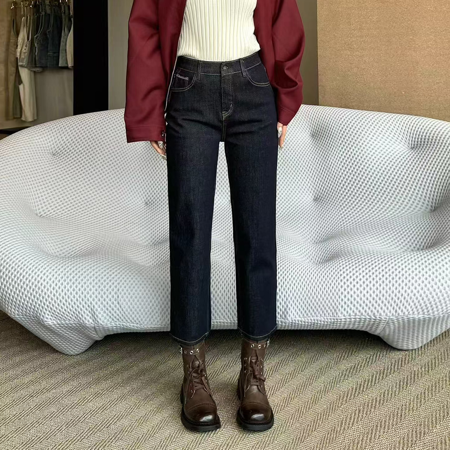12平方深蓝色普洗蓝松紧腰设计感直筒牛仔裤女修身弹力九分烟管裤