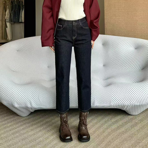 12平方深蓝色普洗蓝直筒牛仔裤女