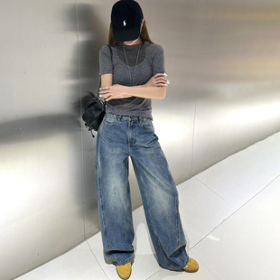 町秀复古水洗弯刀牛仔裤 潮 女2025高腰宽松立体剪裁廓形香蕉镰刀裤