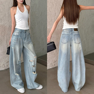 12平方欧货痞帅脏脏色百搭水洗破洞弯刀牛仔裤女薄款夏季炸街裤子
