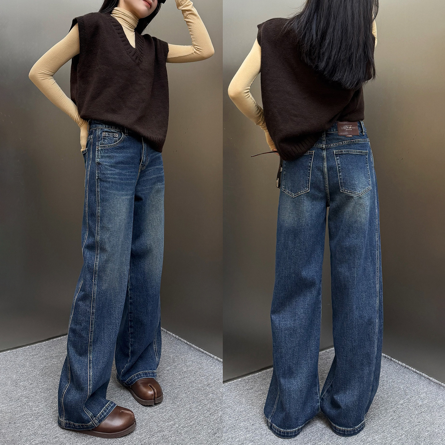 炫吾谬谬蓝松弛慵懒风窄版直筒牛仔裤女小个子显瘦显高阔腿拖地裤