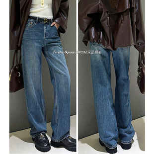 12平方 87625z深蓝色窄版直筒牛仔裤2024冬季底抓毛显瘦显高长裤