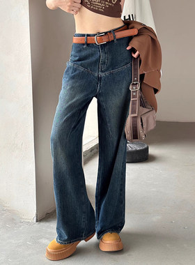 町秀7005长腿精高腰阔腿牛仔裤女2025春夏宽松设计感显瘦直筒长裤