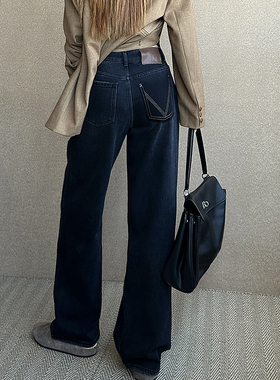 12平方83115z黑色松弛拖地加绒直筒裤女2024冬季植绒阔腿牛仔裤