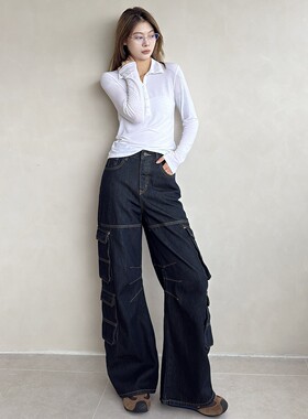 12平方87515深蓝高腰工装阔腿牛仔裤女多口袋设计休闲显瘦拖地裤