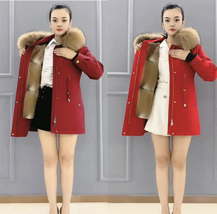 新款 青根貂貉子毛领可拆卸水貂毛内胆皮草大衣连帽 派克服女中长款