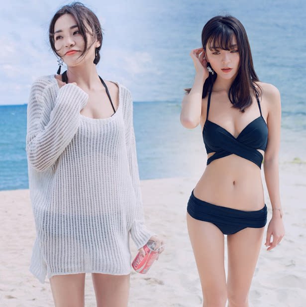 比基尼三件套泳衣女性感温泉罩衫小胸钢托聚拢遮肚显瘦温泉泳装女