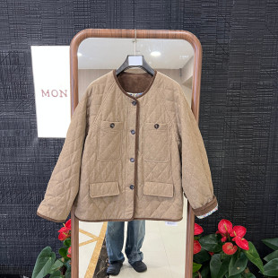 欧洲站2026秋季新款菱格纹棉服女无领圆领纽扣中长款保暖外套卡其