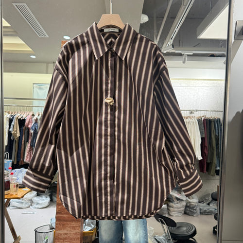 欧洲站秋新条纹翻领单排扣衬衫女