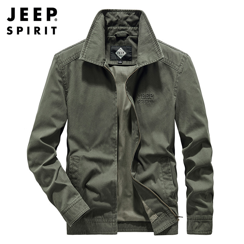 JEEP纯棉外套男春季新款翻领工装夹克2023春秋休闲上衣中青年商务
