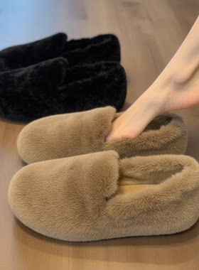 兔毛绒毛毛鞋女秋冬季平底加绒