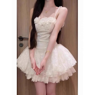 坠梦天鹅湖 纯白蕾丝蓬蓬仙女裙芭蕾裙女2025夏季纯欲仙气吊带裙