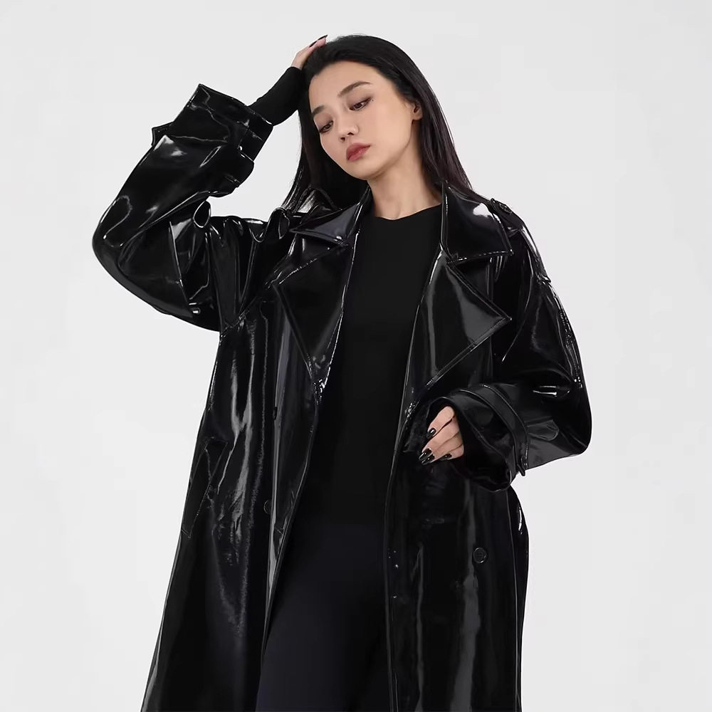 跨境外贸pu连帽外套欧美亚马逊女装镜面皮革时尚夜店长款风衣夹克