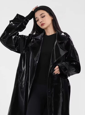 跨境外贸pu连帽外套欧美亚马逊女装镜面皮革时尚夜店长款风衣夹克