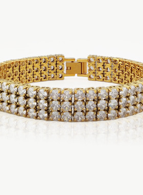 Tennis跨境满钻网球手链镶锆石三排手镯时尚热销钛钢饰品嘻哈风