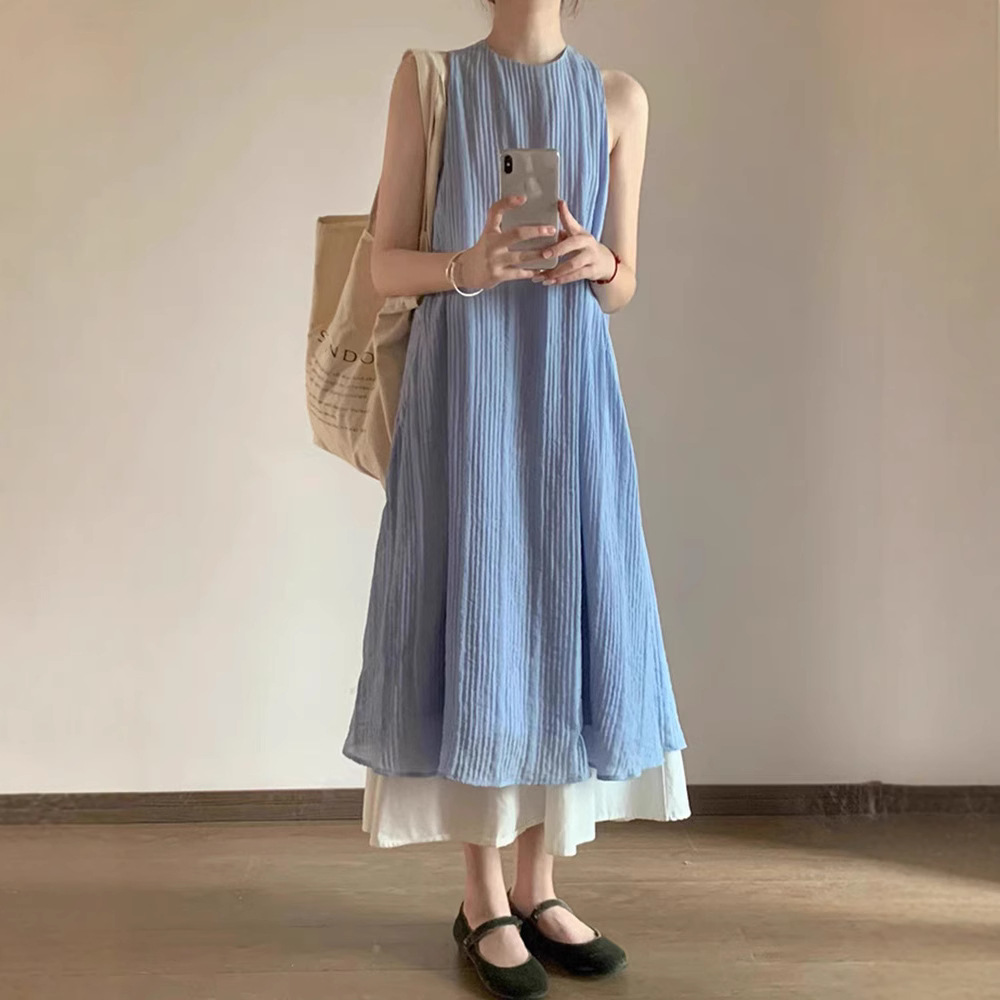 法式条纹肌理感假两件连衣裙女夏季新款宽松显瘦垂坠感气质长裙子