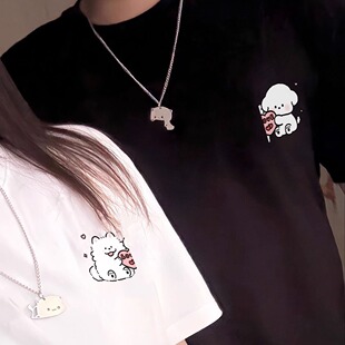 520礼物万可定制一二布布线条小狗情侣装diy短袖T恤印花团服班服