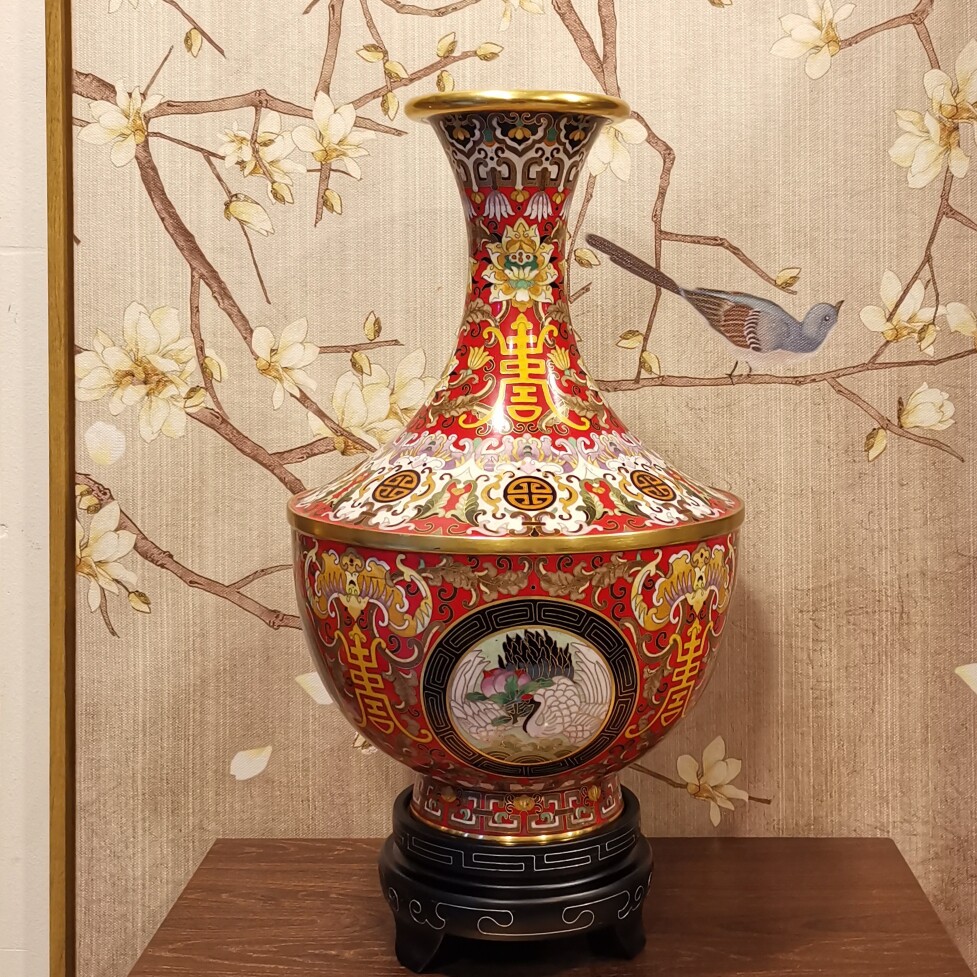 精工景泰蓝花瓶铜胎掐丝珐琅福寿盖碗型瓶12英寸