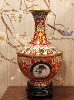 精工景泰蓝花瓶铜胎掐丝珐琅福寿盖碗型瓶12英寸