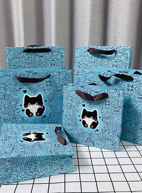 复古蓝色猫咪卡通礼品袋ins风线条涂鸦手提袋节日礼物包装袋纸袋