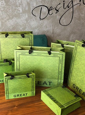 高级感复古绿色手提袋ins风纸袋礼品袋服装化妆品购物袋送礼包装