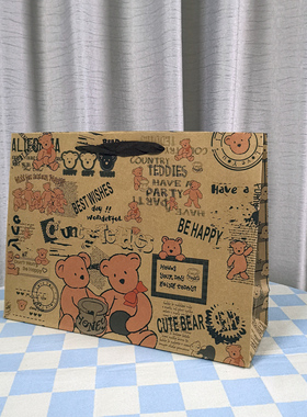 ins风日韩可爱小熊手提牛皮纸袋衣服零食生日礼物袋子复古礼品袋