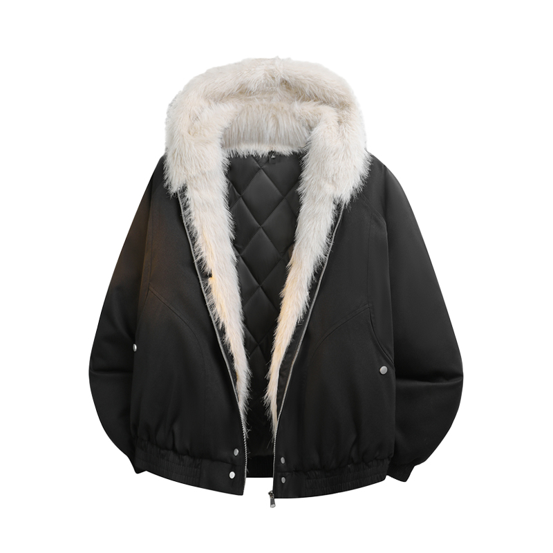 美式座山雕毛领连帽棉服冬季短款情侣棉衣外套