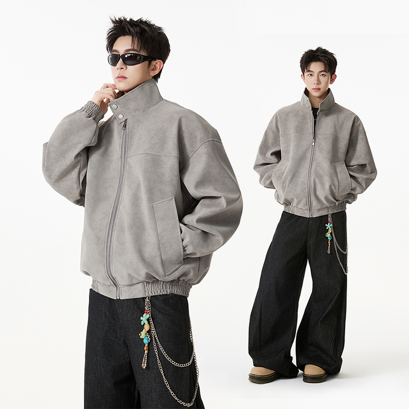 翻领PU纯色美式保暖皮衣夹克外套