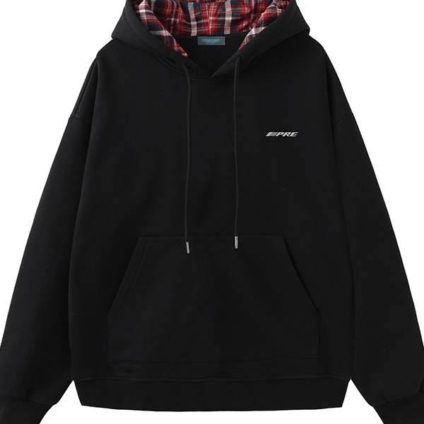 XUT 简约字母logo印花拼接撞色格子连帽卫衣