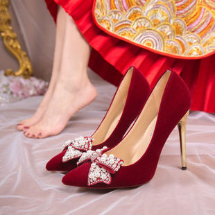 红色高跟鞋 大码 11cm婚鞋 女44秀禾服婚纱中式 结婚新娘鞋 45码