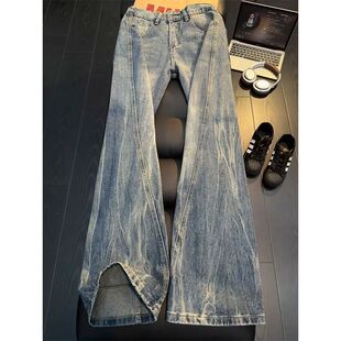 冰蓝色斜切闪电纹牛仔裤男款潮牌水洗cleanfit裤子美式高街微喇裤