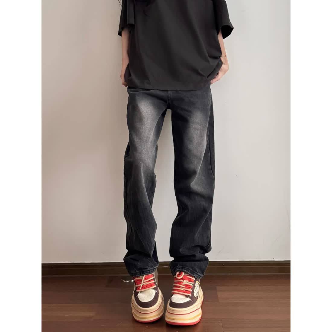 复古美式高街裤子男女款vibe水洗黑灰色牛仔裤直筒修身微喇裤男生