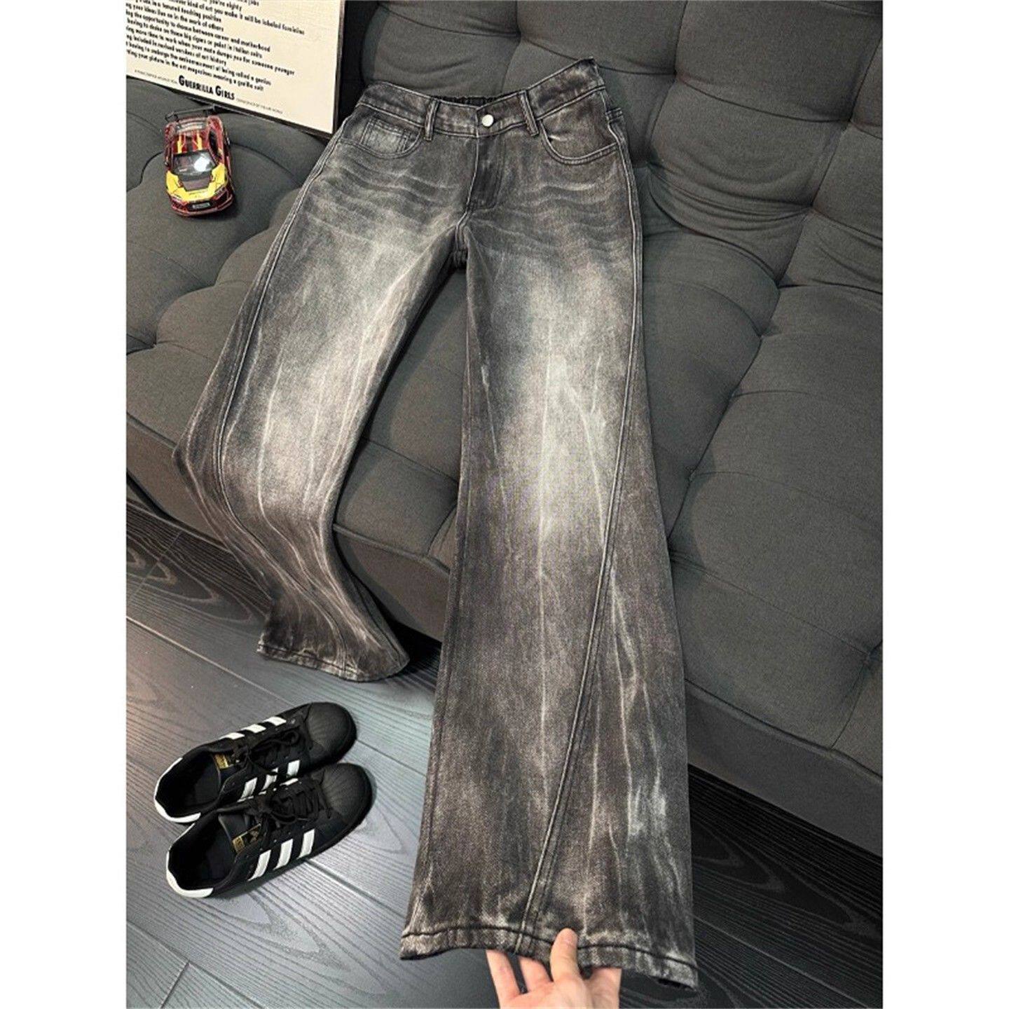 冰蓝色闪电纹斜切微喇牛仔裤男款美式高街vibe宽松直筒显瘦长裤子