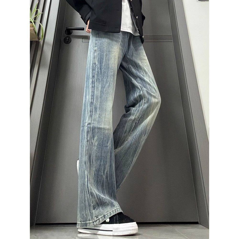 闪电纹水洗微喇牛仔裤男春秋美式高街vibe裤子cleanfit显瘦直筒裤