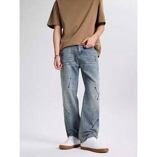 夏季 男士 新款 宽松男裤 子 美式 潮牌痞帅百搭直筒裤 高街刺绣牛仔裤