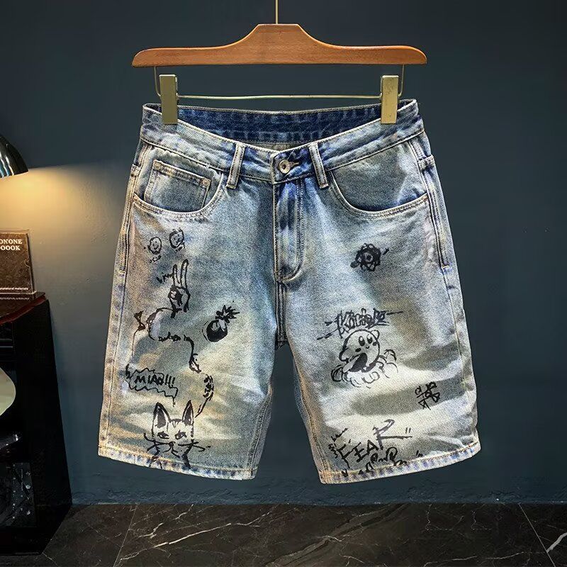 美式复古烫钻印花牛仔短裤女夏季2025新款小个子宽松显瘦五分裤子