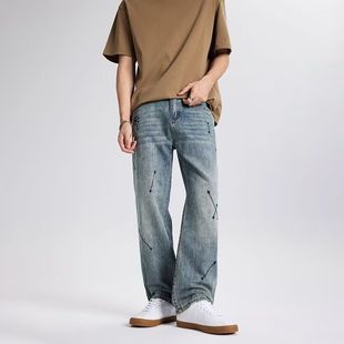 夏季 男士 新款 宽松男裤 子 美式 潮牌痞帅百搭直筒裤 高街刺绣牛仔裤