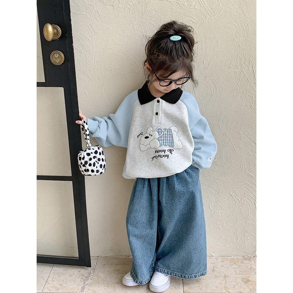 女童翻领卫衣冬装儿童洋气长袖t恤2025新款韩范女孩polo领上衣潮