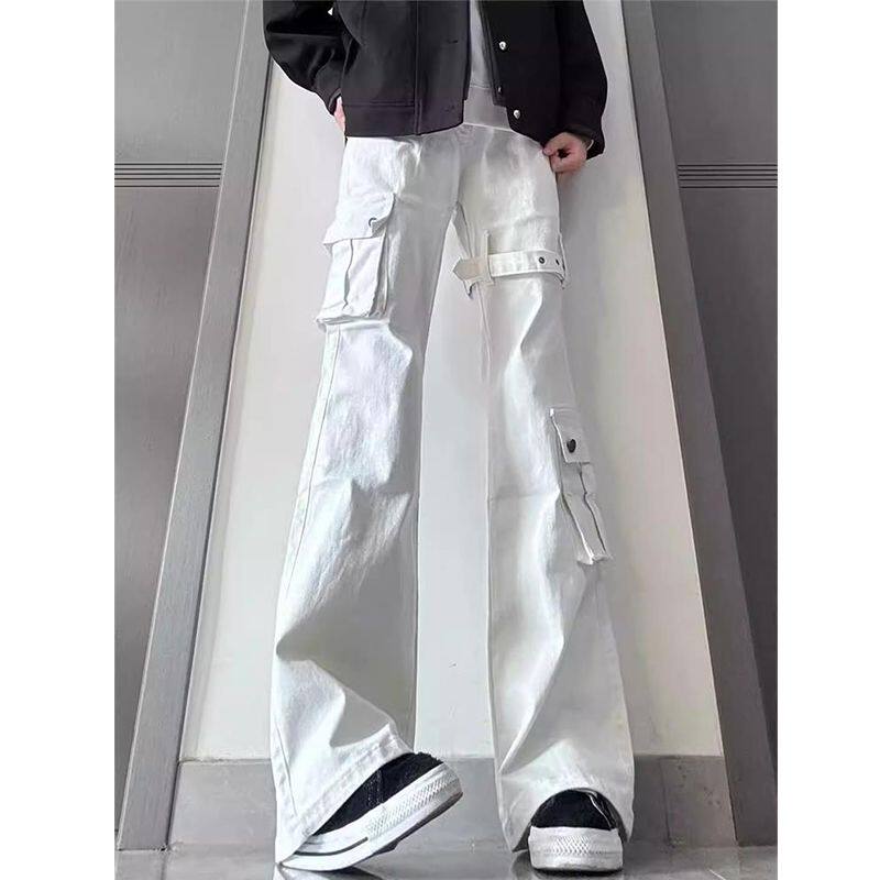 美式工装风多口袋白色牛仔裤男宽松直筒抽绳高街阔腿裤