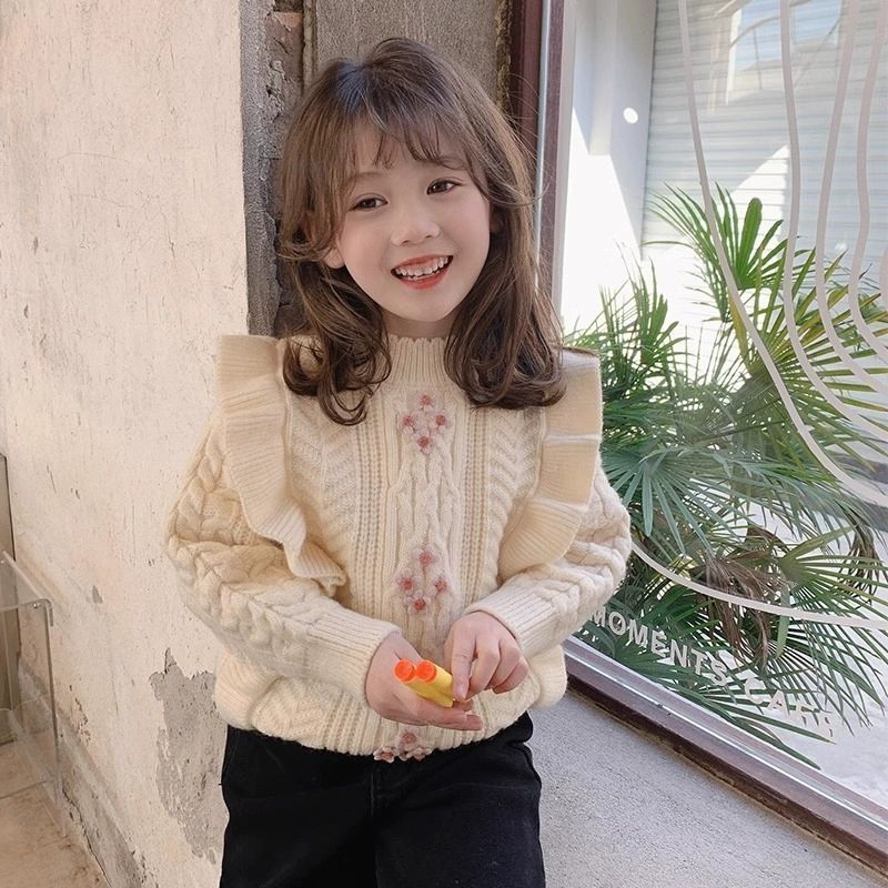 女童套头毛衣秋冬季洋气中大儿童木耳边针织衫小女孩休闲百搭上衣