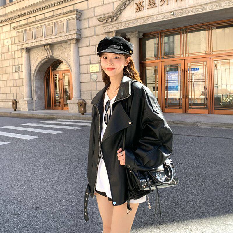 复古机车风翻领PU皮夹克女2025新款宽松黑色酷飒风外套