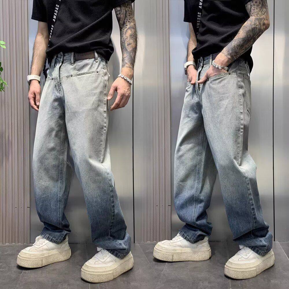 复古蓝渐变牛仔裤男款春秋美式高街vibe宽松直筒裤阔腿垂感休闲裤