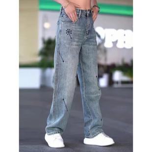 夏季 男士 新款 宽松男裤 子 美式 潮牌痞帅百搭直筒裤 高街刺绣牛仔裤