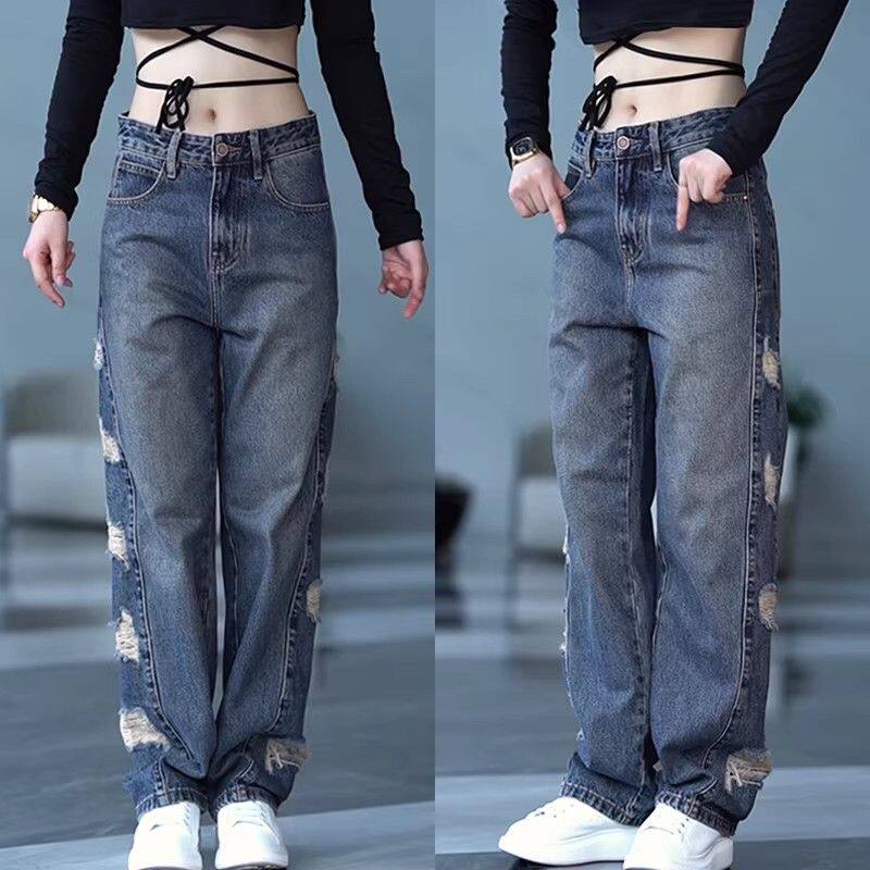 美式潮牌痞帅宽松直筒阔腿破洞牛仔裤男复古蓝色做旧休闲大码长裤