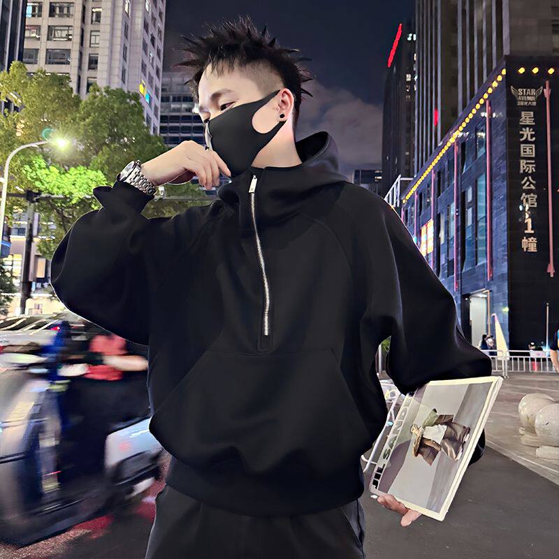 痞帅风半拉链连帽卫衣男春秋宽松黑色长袖外套潮流