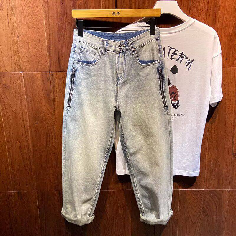 浅蓝色宽松阔腿直筒牛仔裤男拉链口袋装饰春秋款美式休闲拖地裤潮